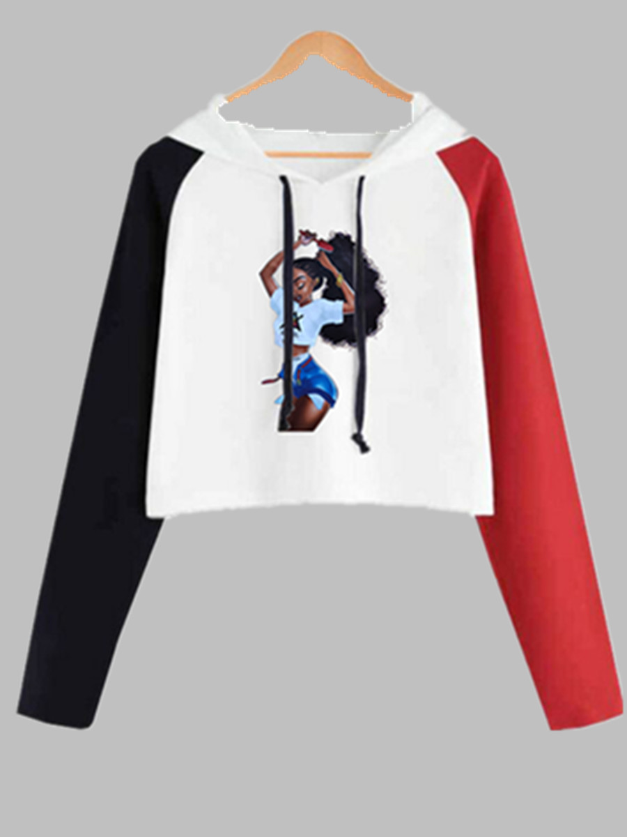 

lovely Casual Hooded Collar Print Patchwork White Hoodie