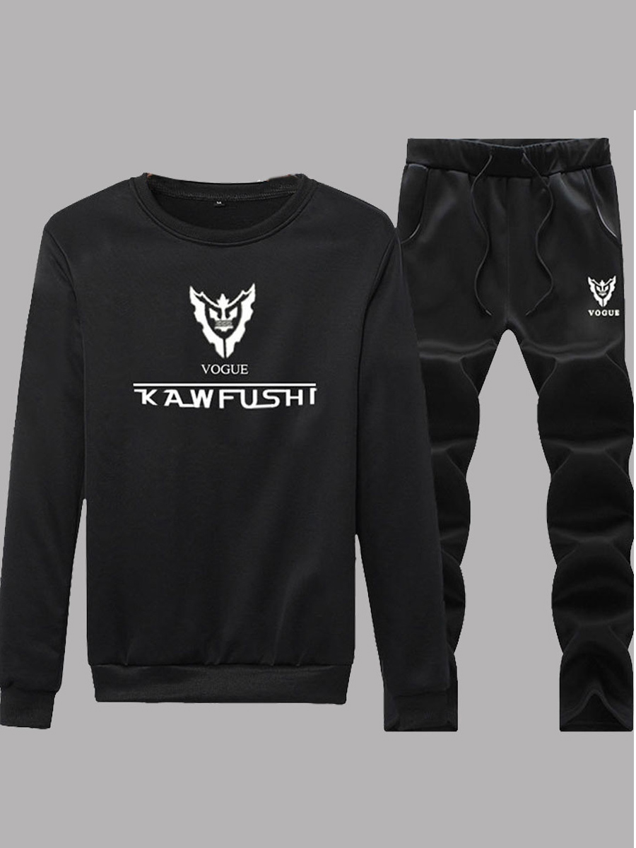 

lovely Sportswear O Neck Print Carbon Black Men Two-piece Pants Set