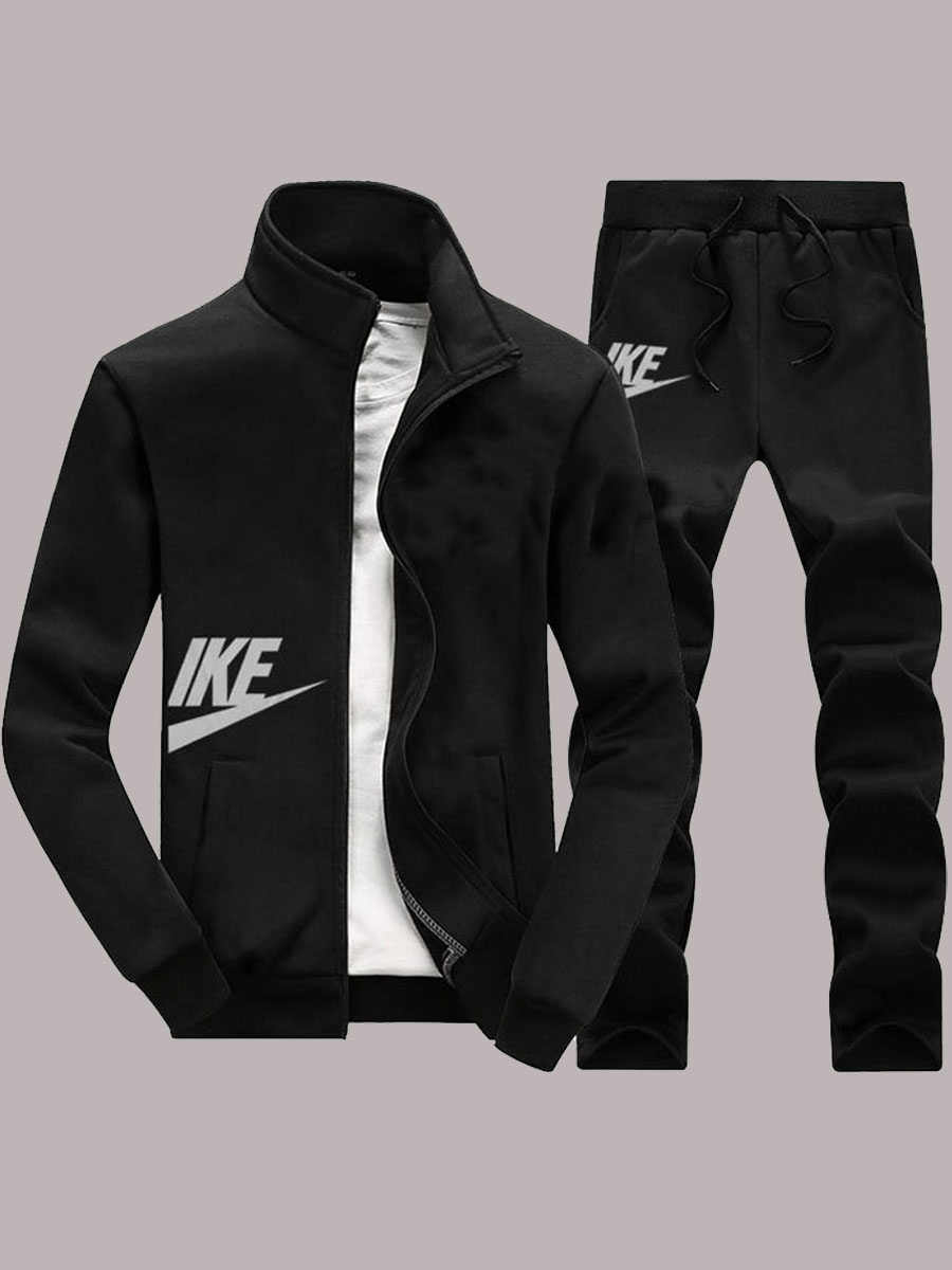 

Lovely Sportswear Letter Zipper Design Pitch-black Men Two-piece Pants Set