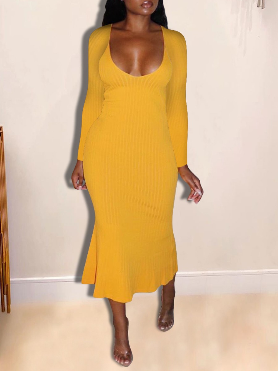 

lovely Stylish U Neck Striped Skinny Yellow Mid Calf Dress