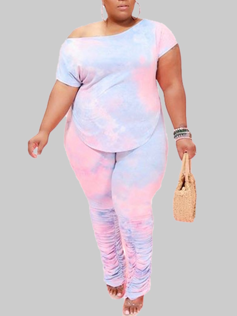 

lovely Casual Tie-dye Fold Design Light Purple Plus Size Two-piece Pants Set