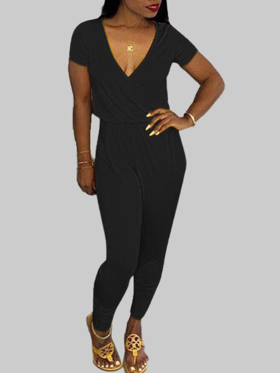 

lovely Sportswear V Neck Skinny Black One-piece Jumpsuit