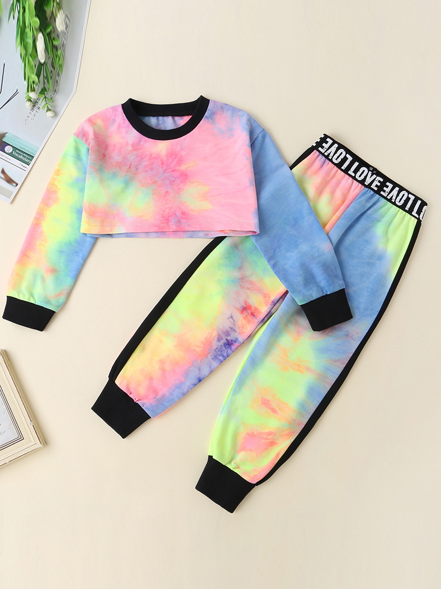 

lovely Street O Neck Tie-dye Patchwork Multicolor Girl Two-piece Pants Set, Multi