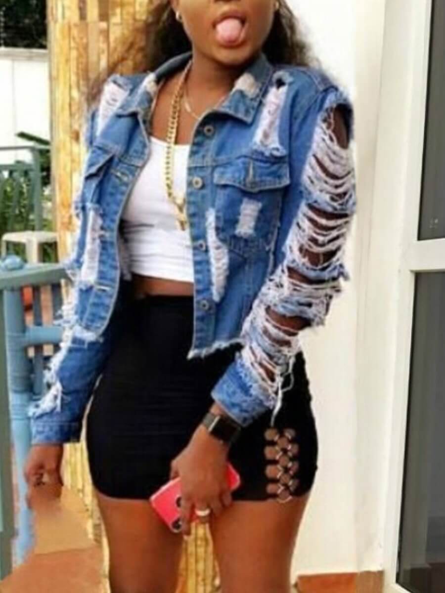 

LW Turndown Collar Ripped Denim Jacket (No Stretch), Blue