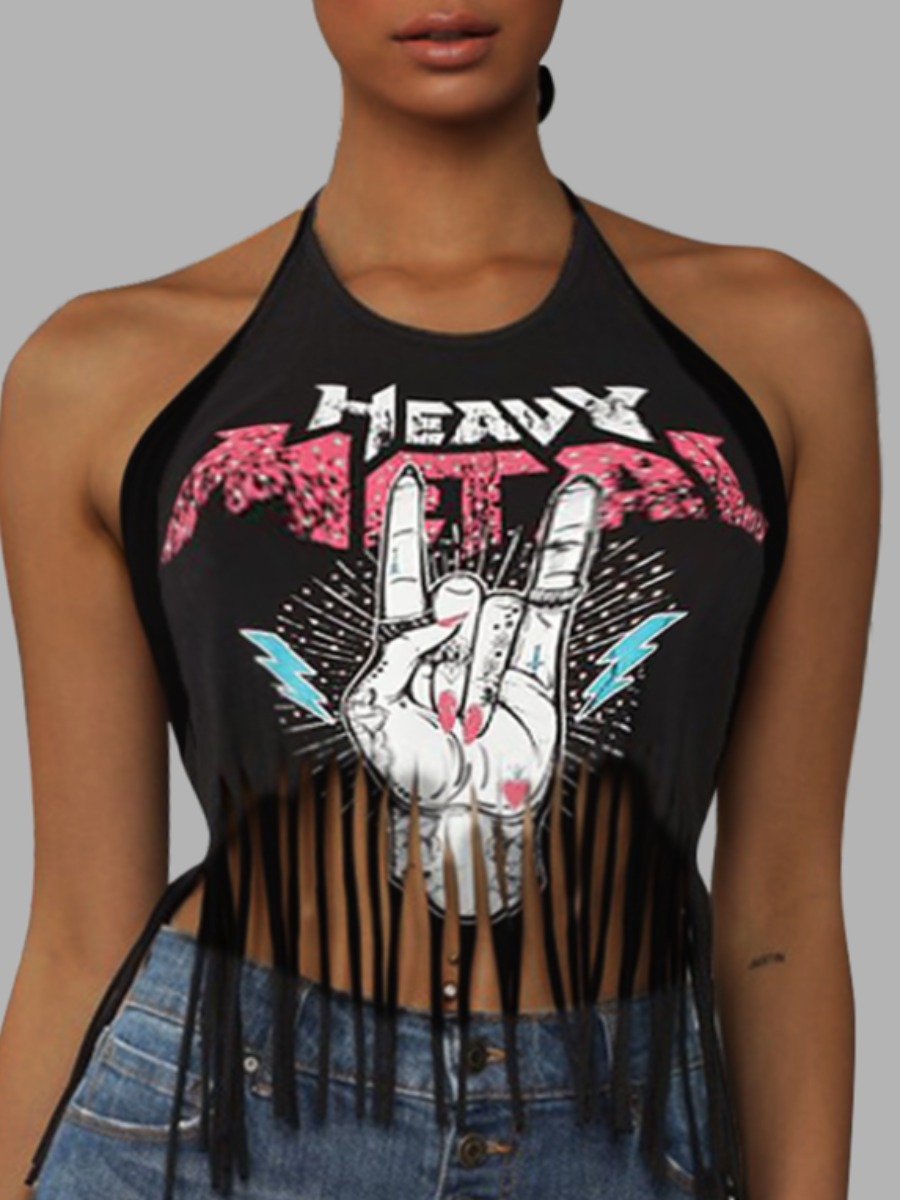 

lovely Street Print Tassel Design Black Camisole