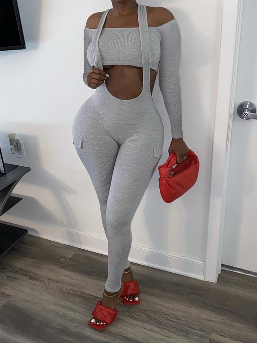 

lovely Sexy Dew Shoulder Hollow-out Skinny Grey Two Piece Pants Set