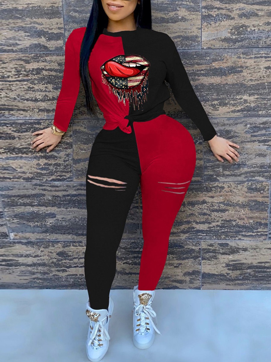 

lovely Street O Neck Lip Print Patchwork Red Plus Size Two-piece Pants Set