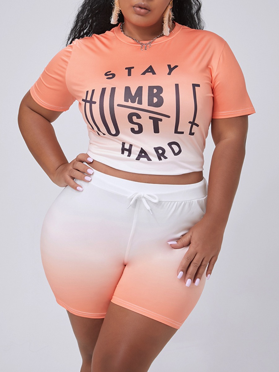 

LW Plus Size Street Letter Print Orange Two-piece Shorts Set