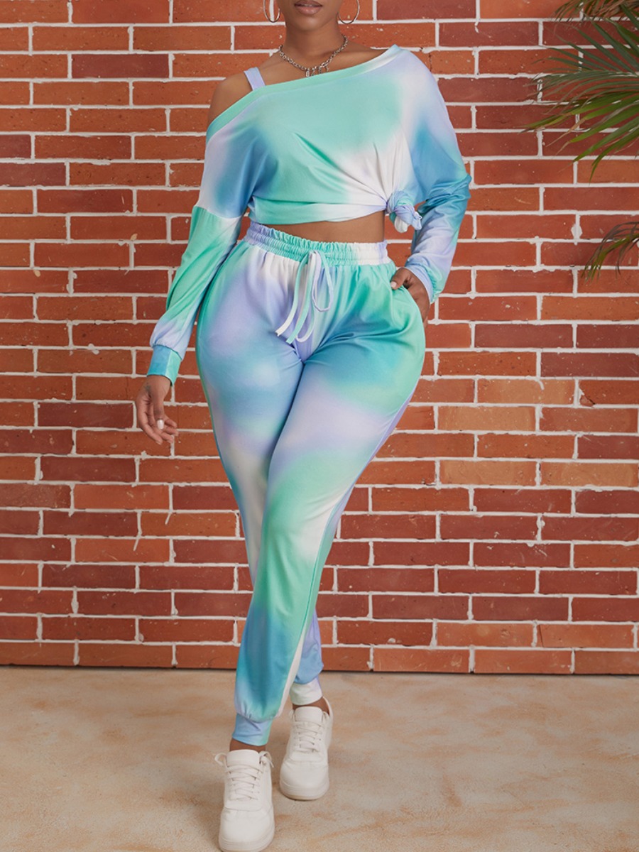 

lovely Trendy Tie Dye Green Two Piece Pants Set
