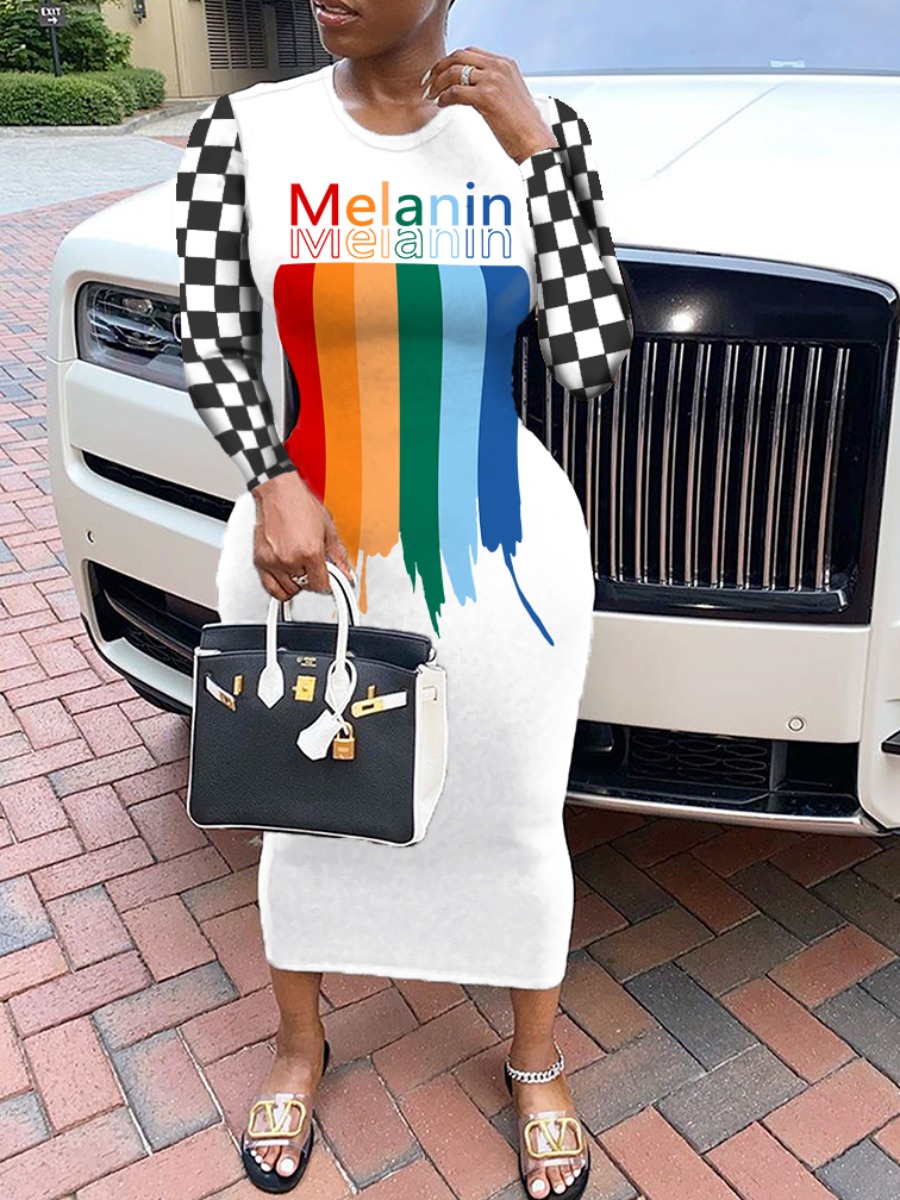 

lovely Casual O Neck Print Patchwork White Mid Calf Dress