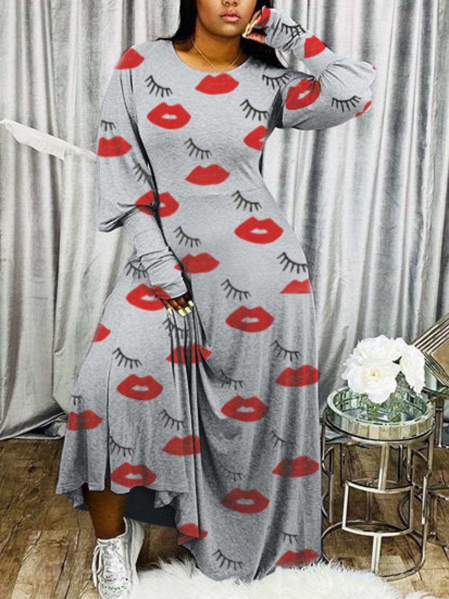 

lovely Casual O Neck Lip Print Grey Maxi Dress
