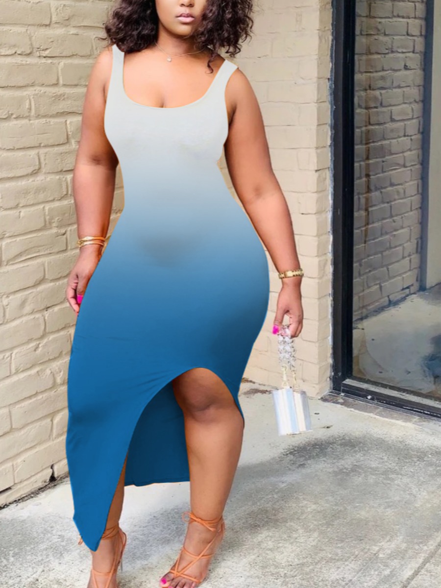 

lovely Trendy U Neck Gradient Blue Ankle Length Dress