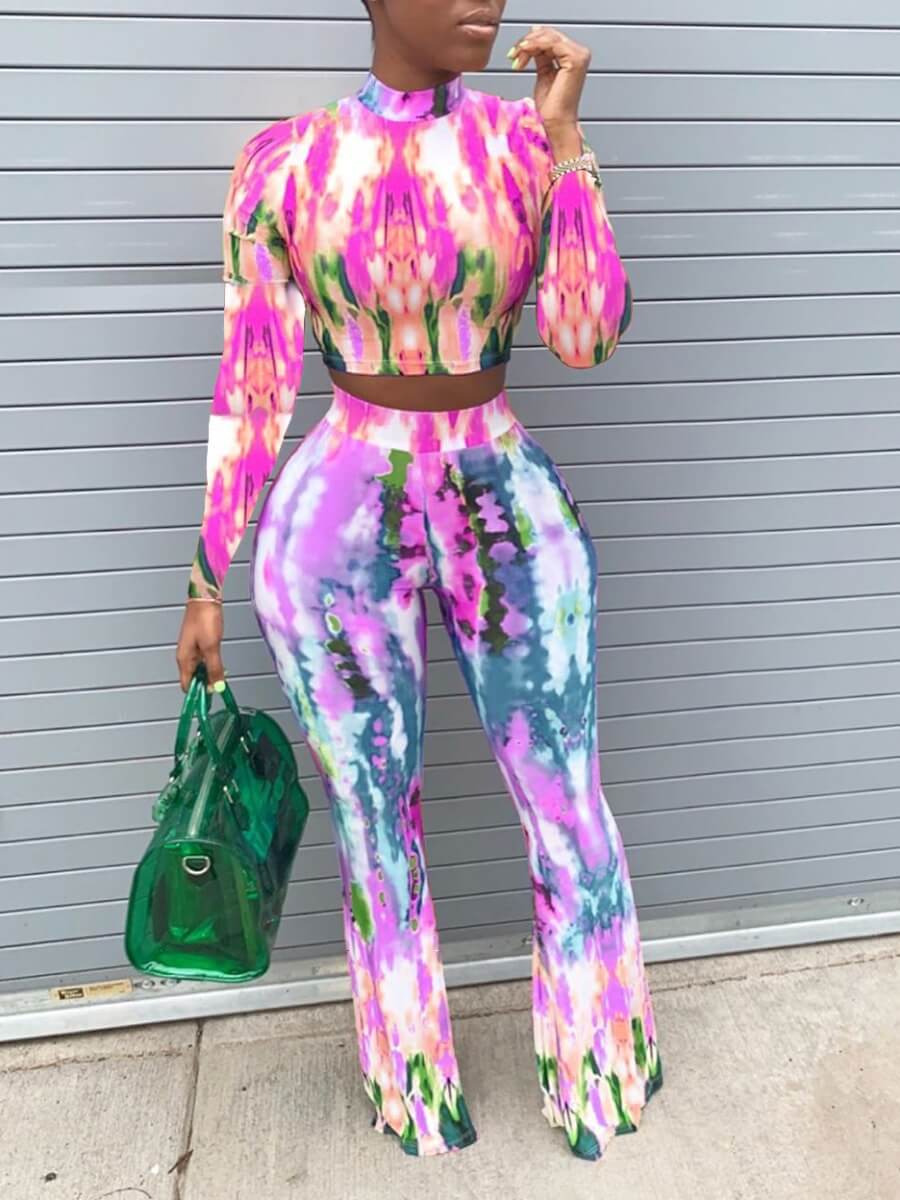 

LW Stylish O Neck Tie Dye Purple Two Piece Pants Set