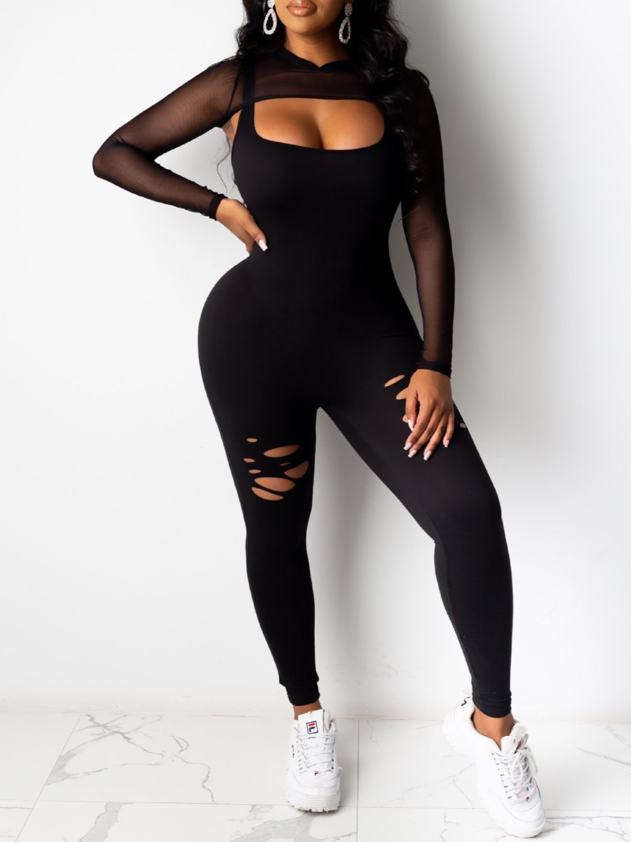 

lovely Sexy Broken Holes Black Two Piece Pants Set