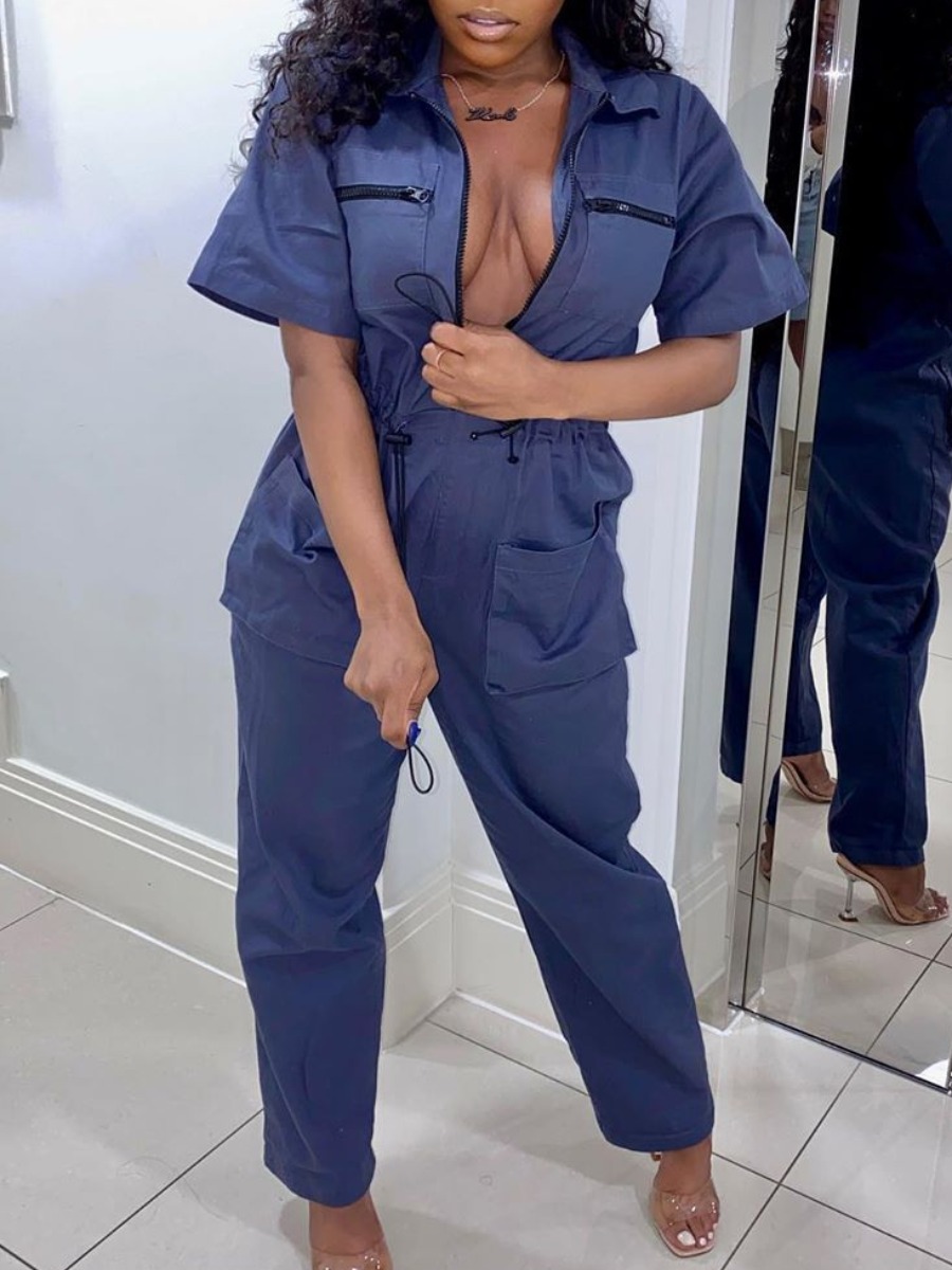 

lovely Sportswear Zipper Design Pocket Patched Dark Blue One-piece Jumpsuit