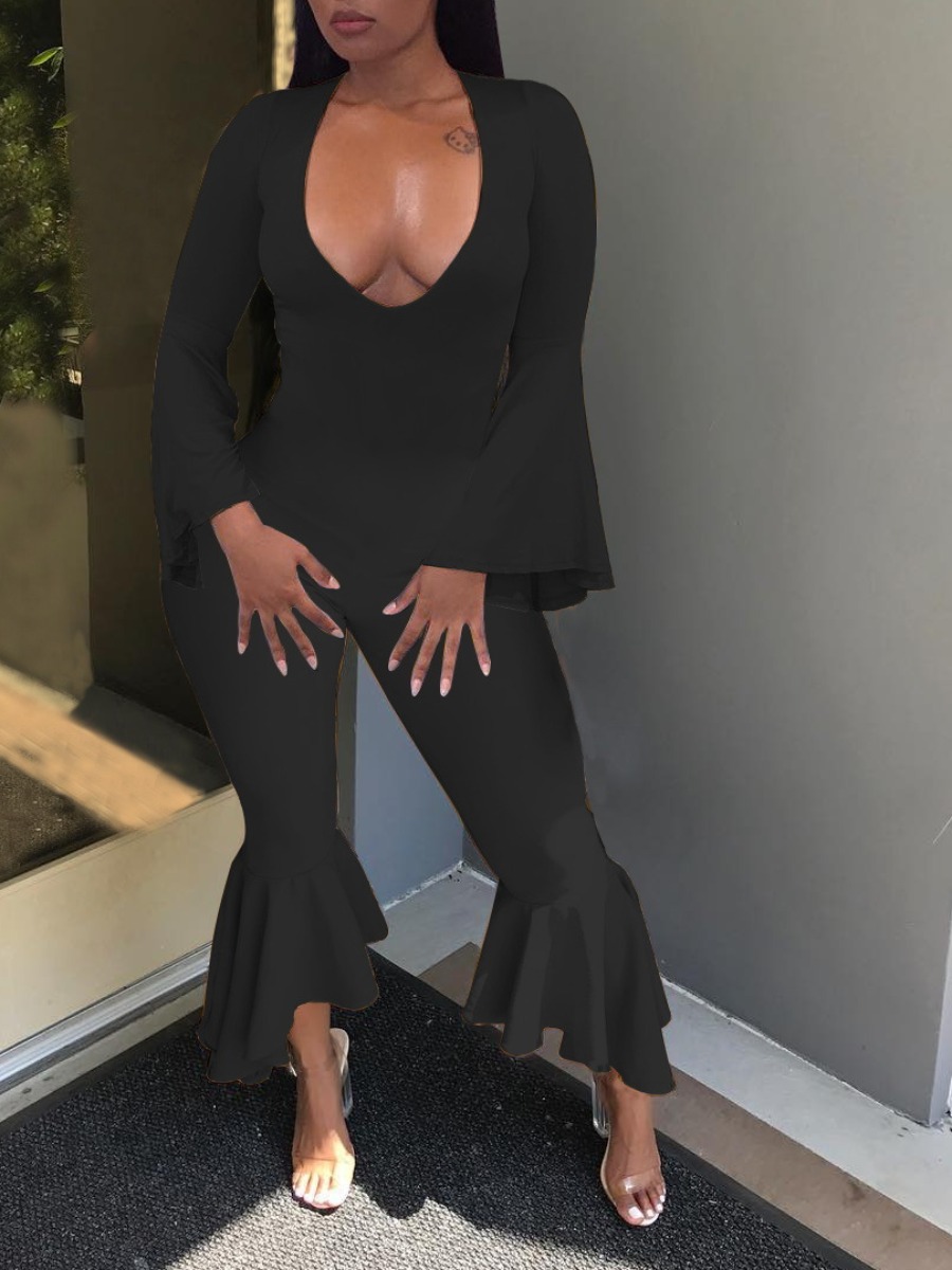 

lovely Sexy Deep V Neck Skinny Black One-piece Jumpsuit