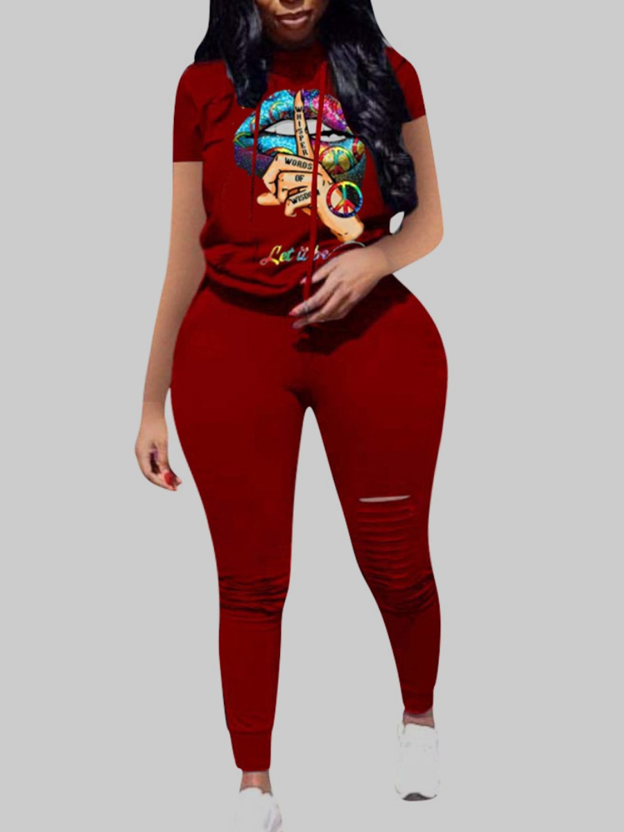 

lovely Sportswear Lip Print Wine Red Plus Size Two-piece Pants Set