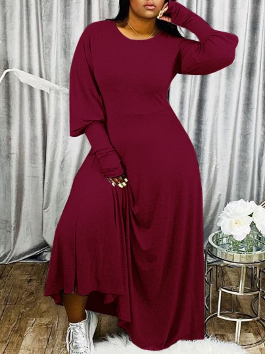 

LW Casual Puffed Sleeves Loose Wine Red Maxi Dress