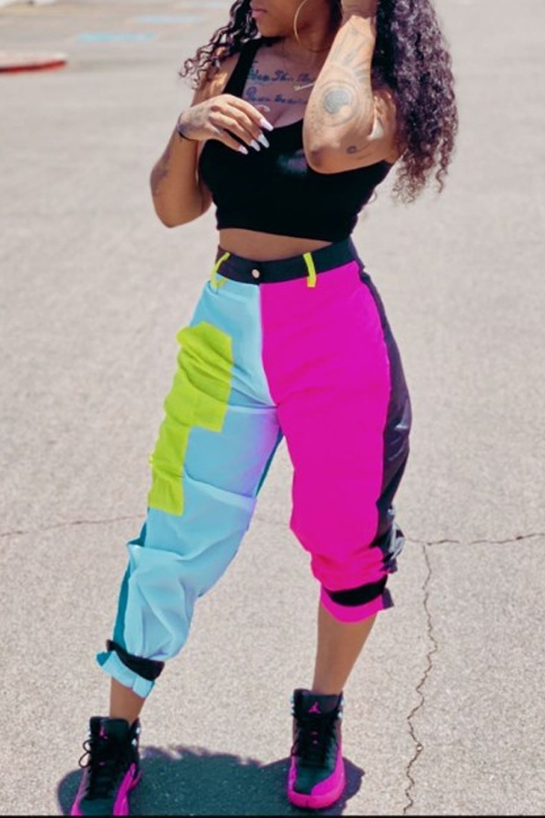 

Lovely Sportswear U Neck Color-lump Patchwork Blue Two Piece Pants Set