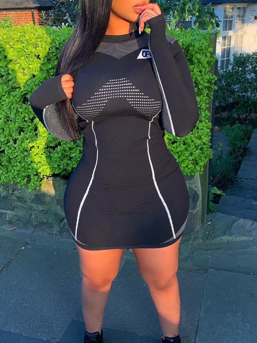 

lovely Sportswear O Neck Print Patchwork Black Mini Dress