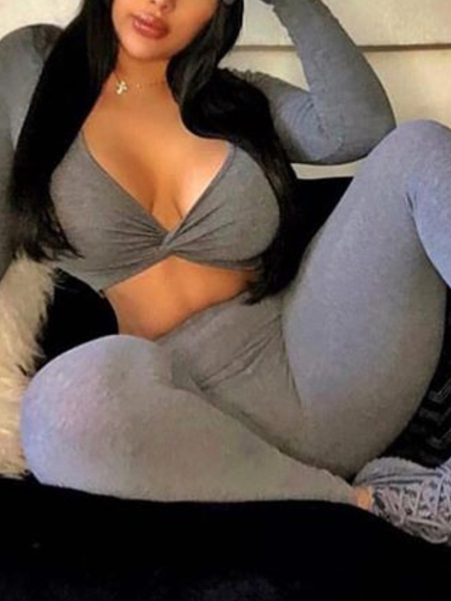 

lovely Sportswear V Neck Knot Design Grey Two Piece Pants Set