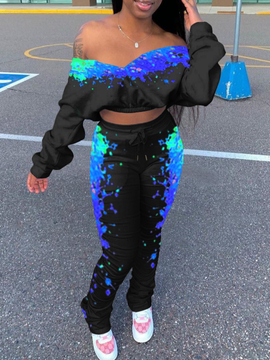 

lovely Trendy Dew Shoulder Graffiti Print Blue Two Piece Pants Set