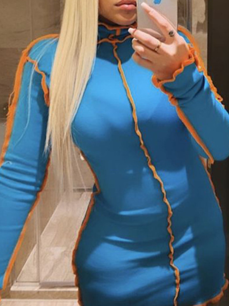 

lovely Trendy Turtleneck Patchwork Blue Mini Dress