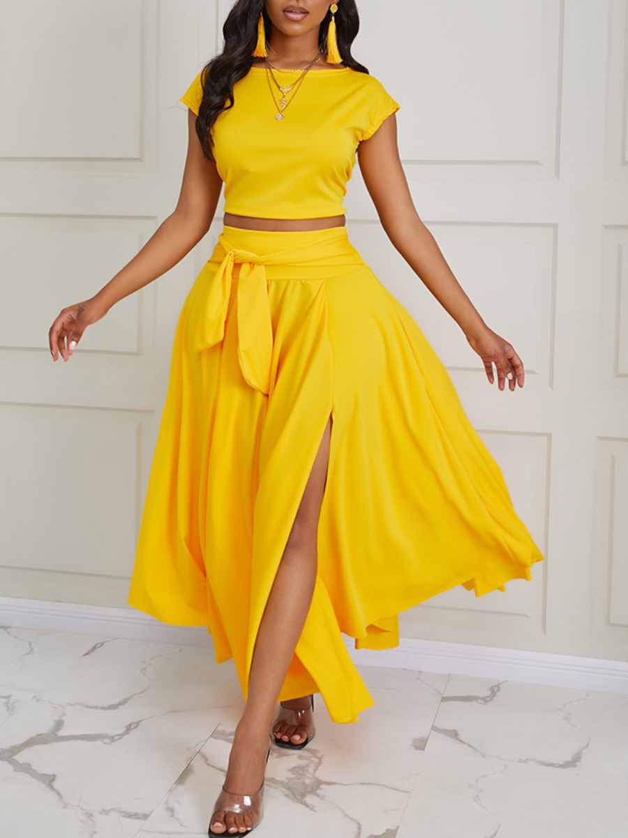 

lovely Stylish O Neck Fold Design Yellow Two Piece Skirt Set
