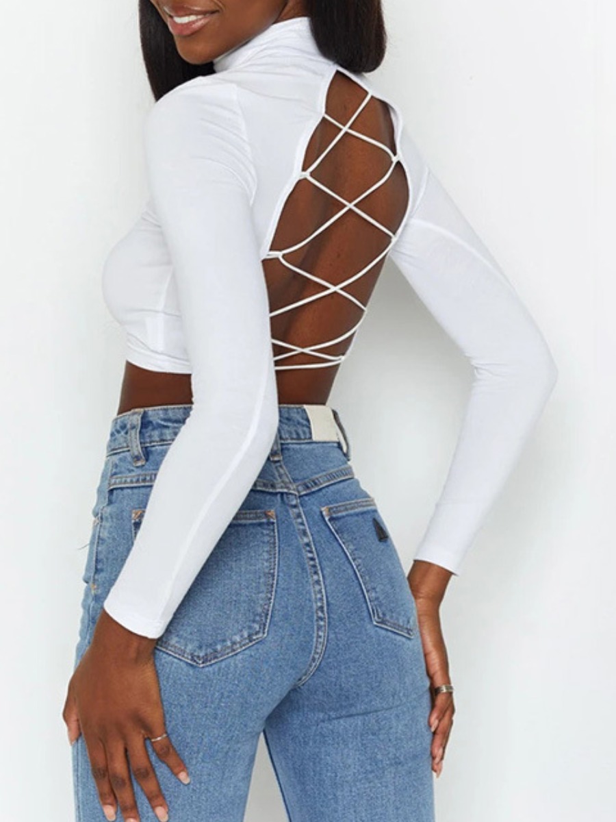 lovely Sexy Mandarin Collar Bandage Design White T-shirt