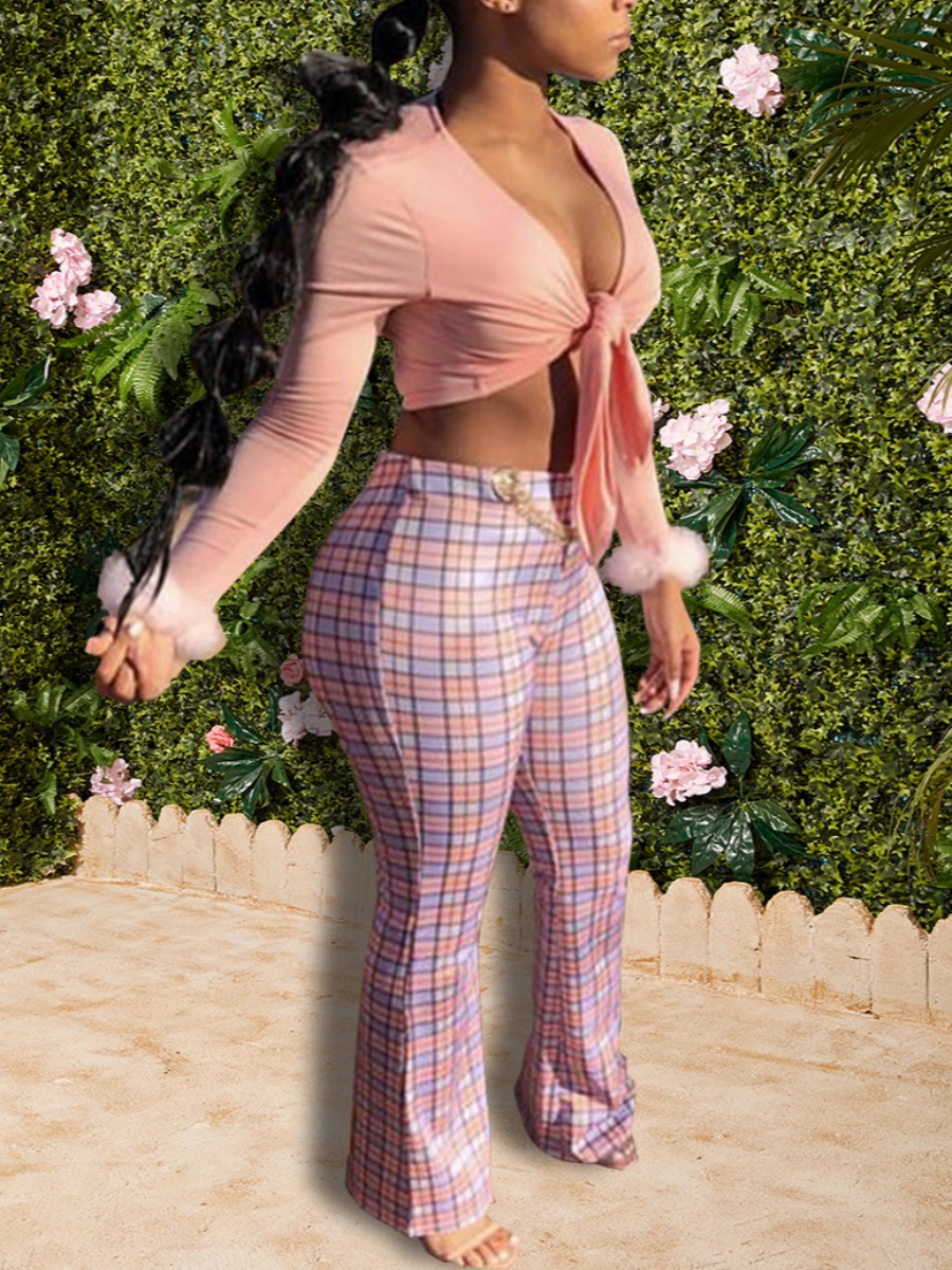 

lovely Trendy Grid Print Knot Design Pink Two piece Pants Set