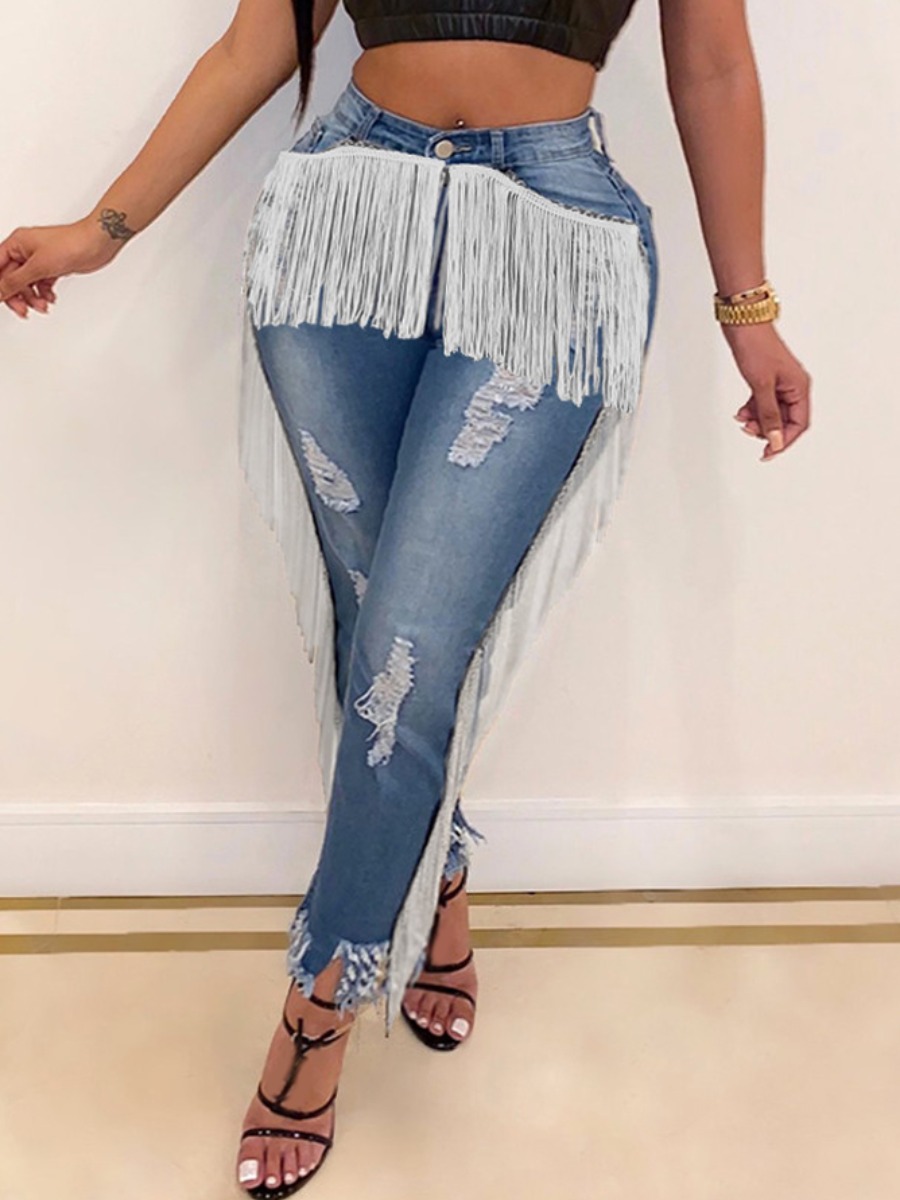 

lovely Casual Tassel Design Broken Holes Blue Jeans