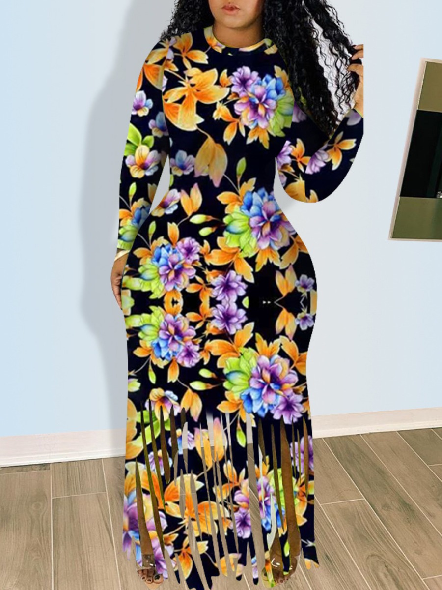 

lovely Casual O Neck Floral Print Black Maxi Dress