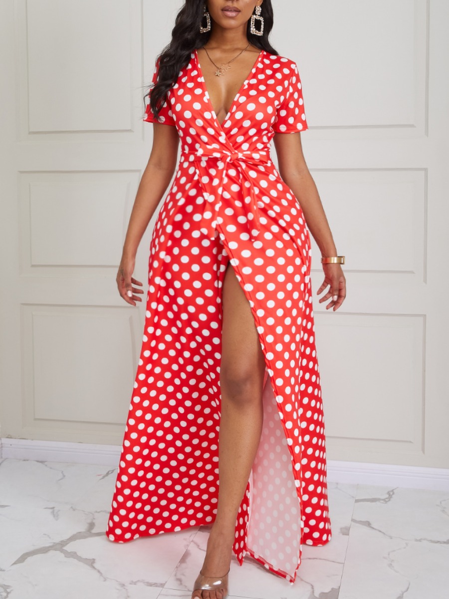 

lovely Trendy V Neck Dot Print Lace-up Red Maxi Dress