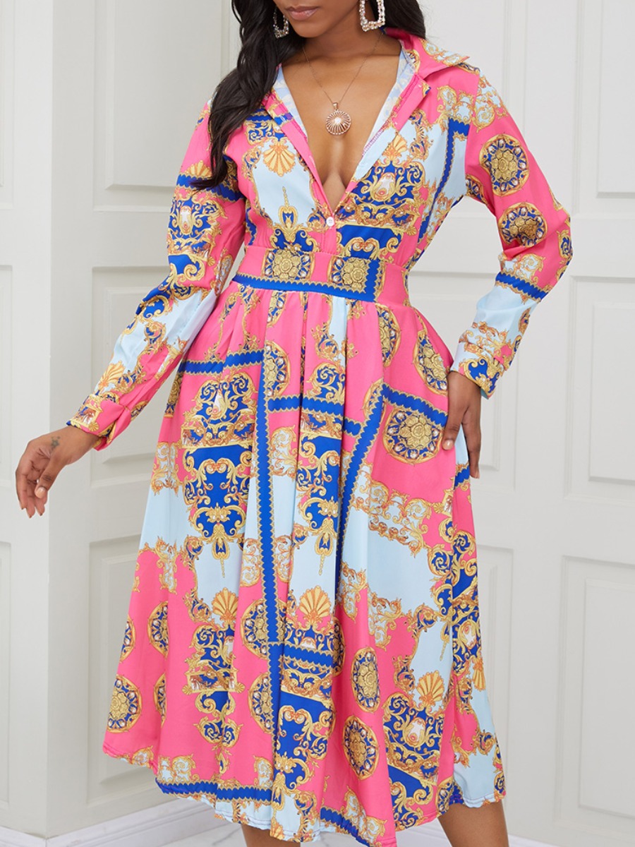 

lovely Stylish Turndown Collar Versace Print Pink Mid Calf Dress