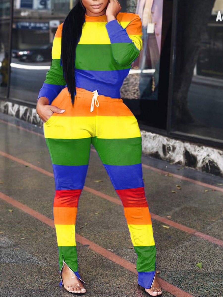 

lovely Leisure O Neck Rainbow Striped Multicolor Plus Size Two-piece Pants Set, Multicolor mstn