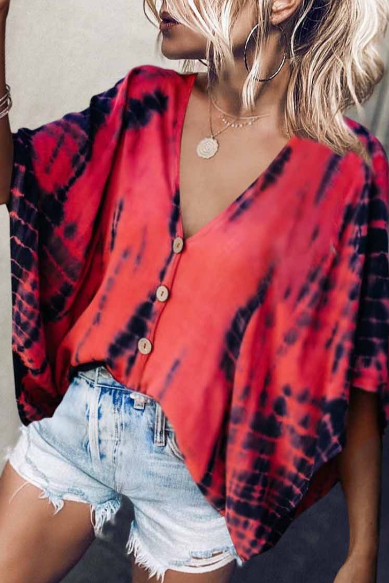 

Lovely V Neck Tie-dye Red Blouse