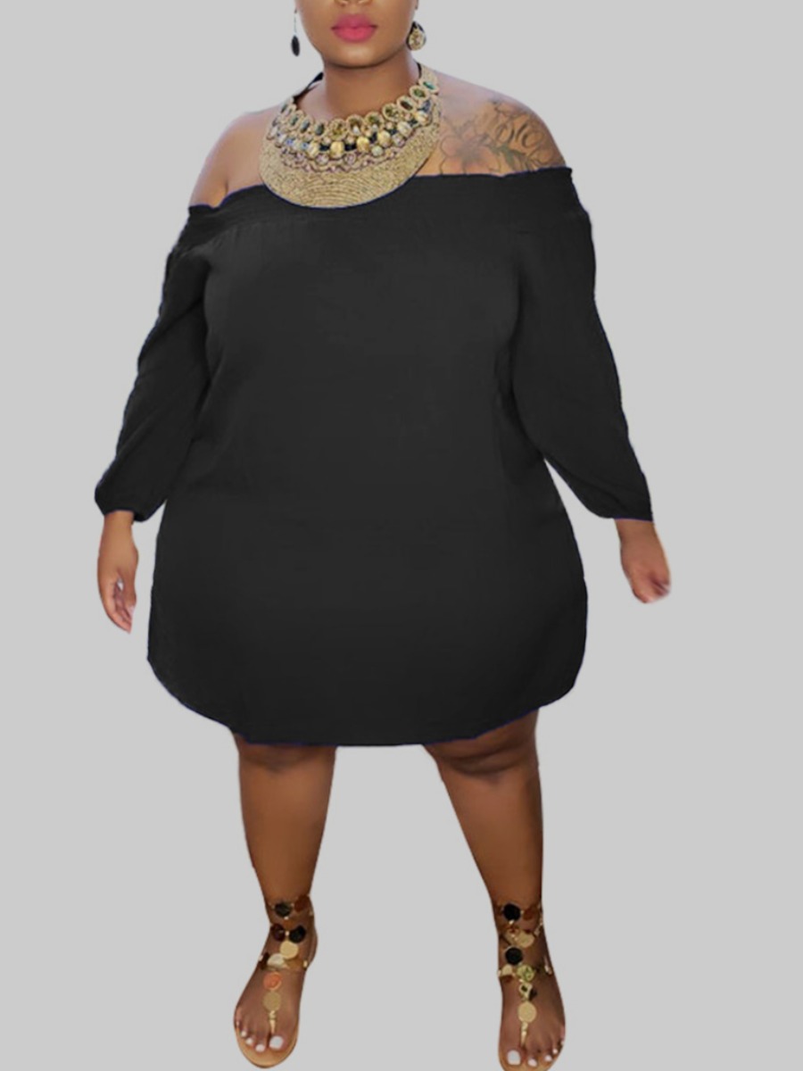 

lovely Casual Dew Shoulder Basic Black Mini Plus Size Dress