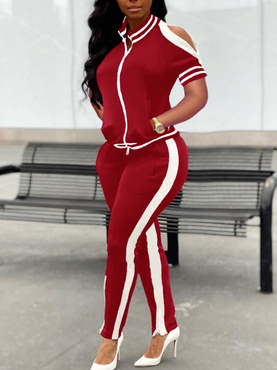 

lovely Sportswear Hollow-out Patchwork Red Two Piece Pants Set
