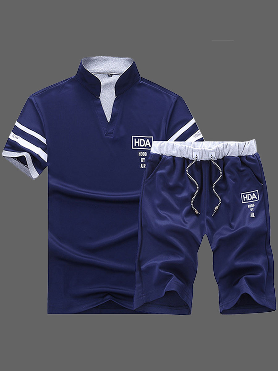 

lovely Sportswear O Neck Print Deep Blue Men Two-piece Shorts Set