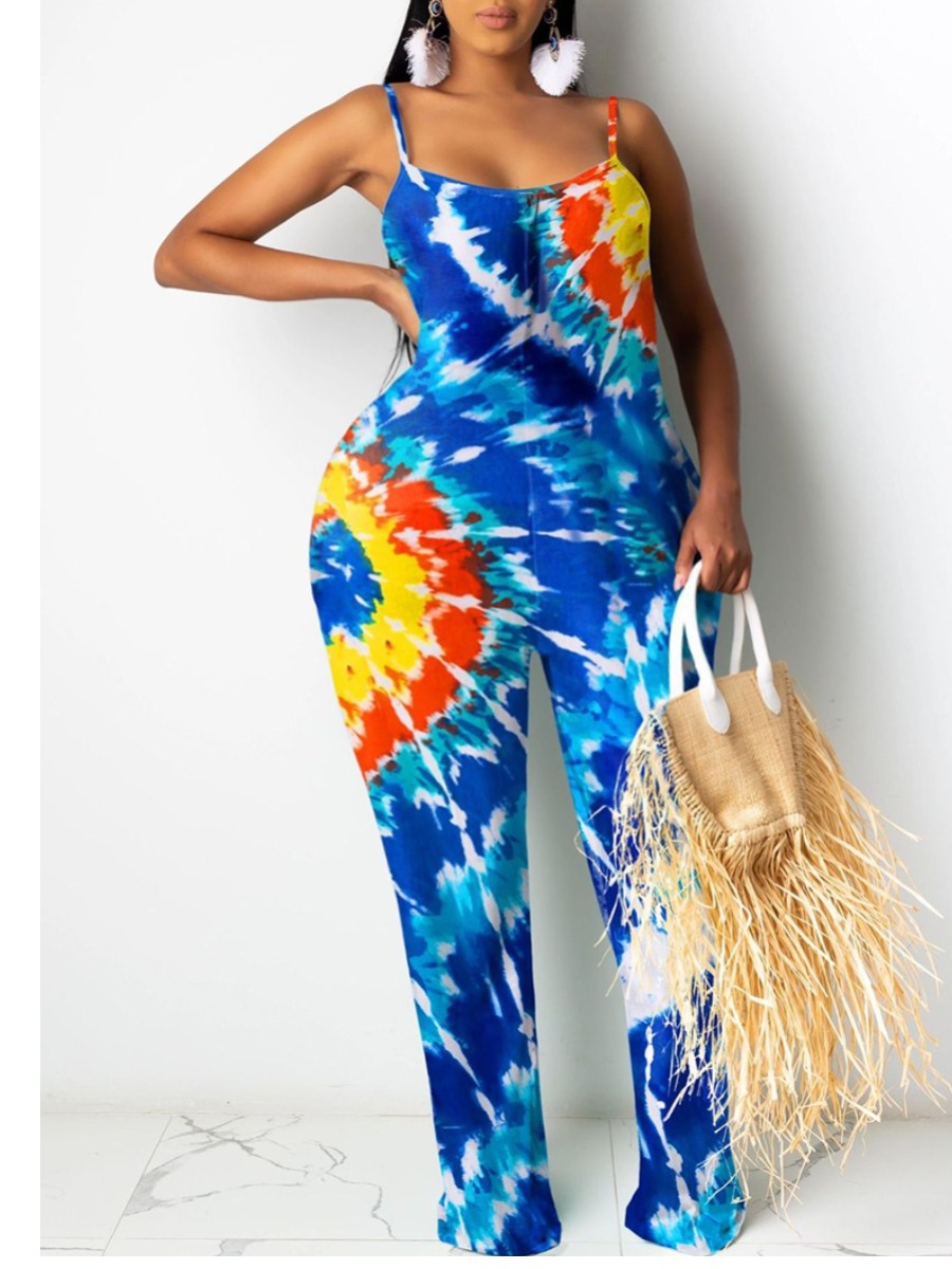 

lovely Sportswear Spaghetti Strap Tie-dye Multicolor One-piece Jumpsuit, Multi