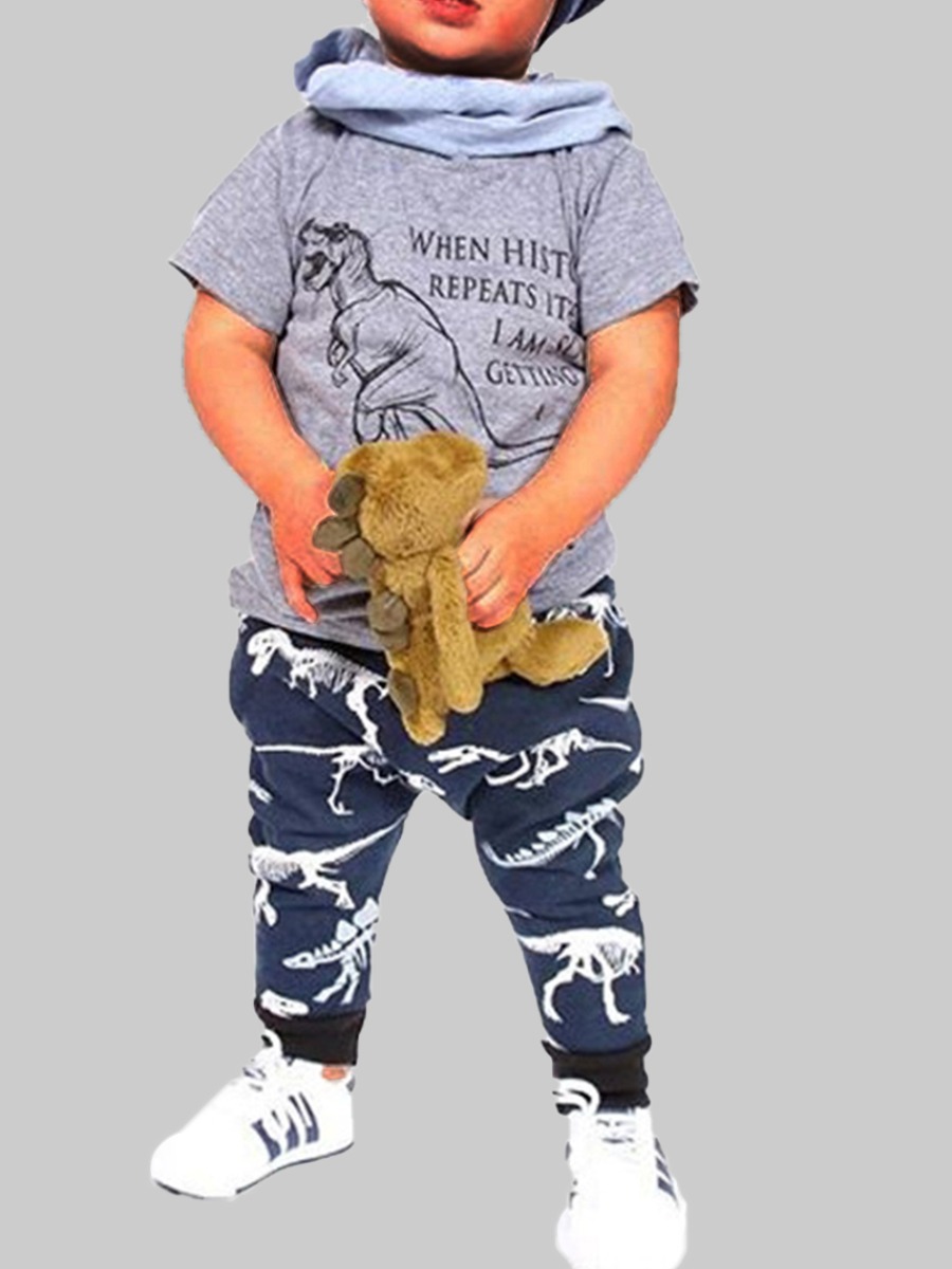 

lovely Casual O Neck Print Grey Boy Two-piece Pants Set