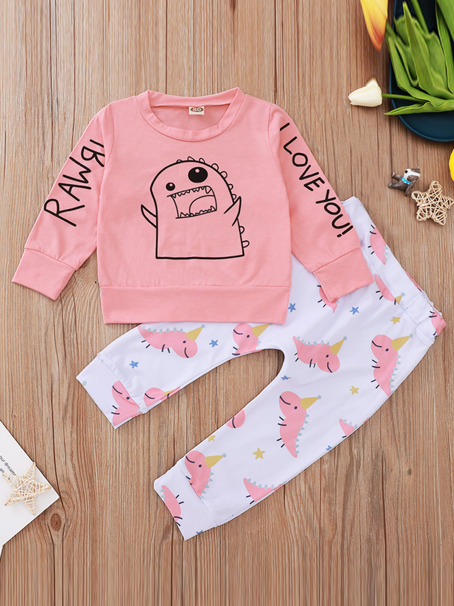 

lovely Casual O Neck Print Pink Girl Two-piece Pants Set