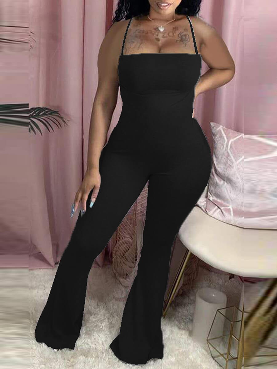 

LW COTTON Trendy Spaghetti Strap Basic Skinny Black One-piece Jumpsuit