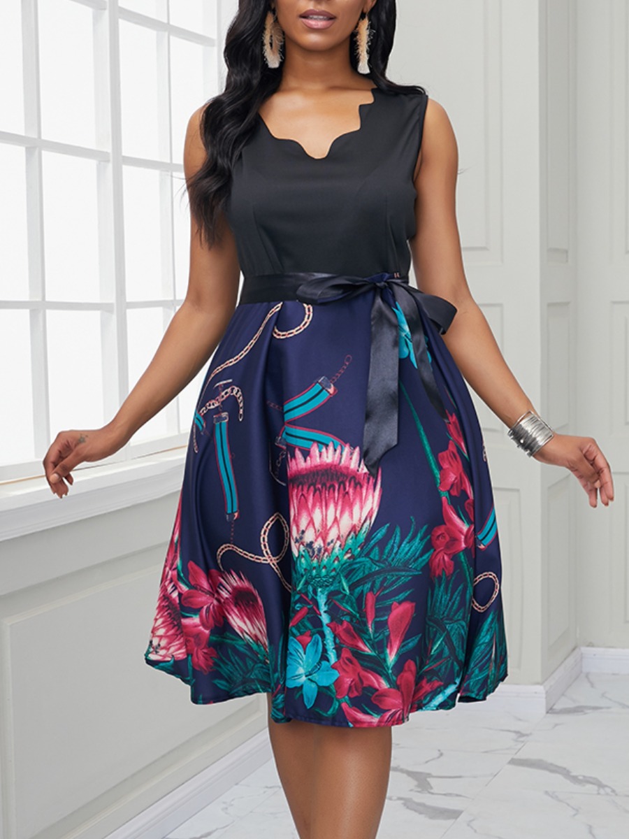 

lovely Trendy V Neck Plants Print Blue Knee Length Dress