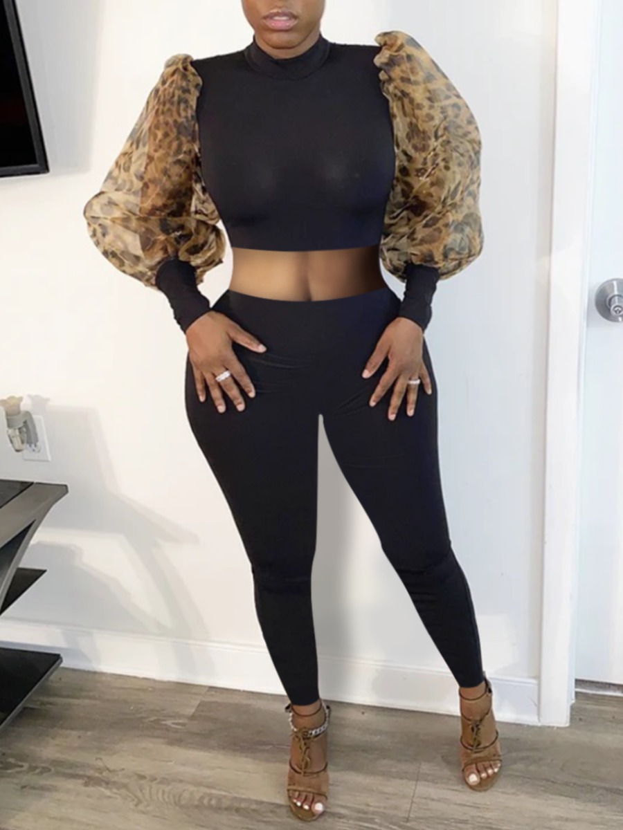 

Lovely Leisure Print Patchwork Black Two Piece Pants Set
