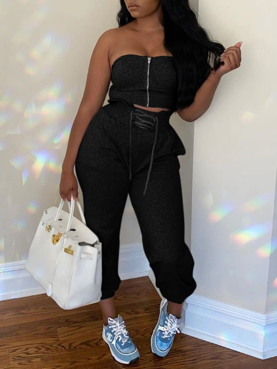 

LW Off The Shoulder Drawstring Pants Set, Black