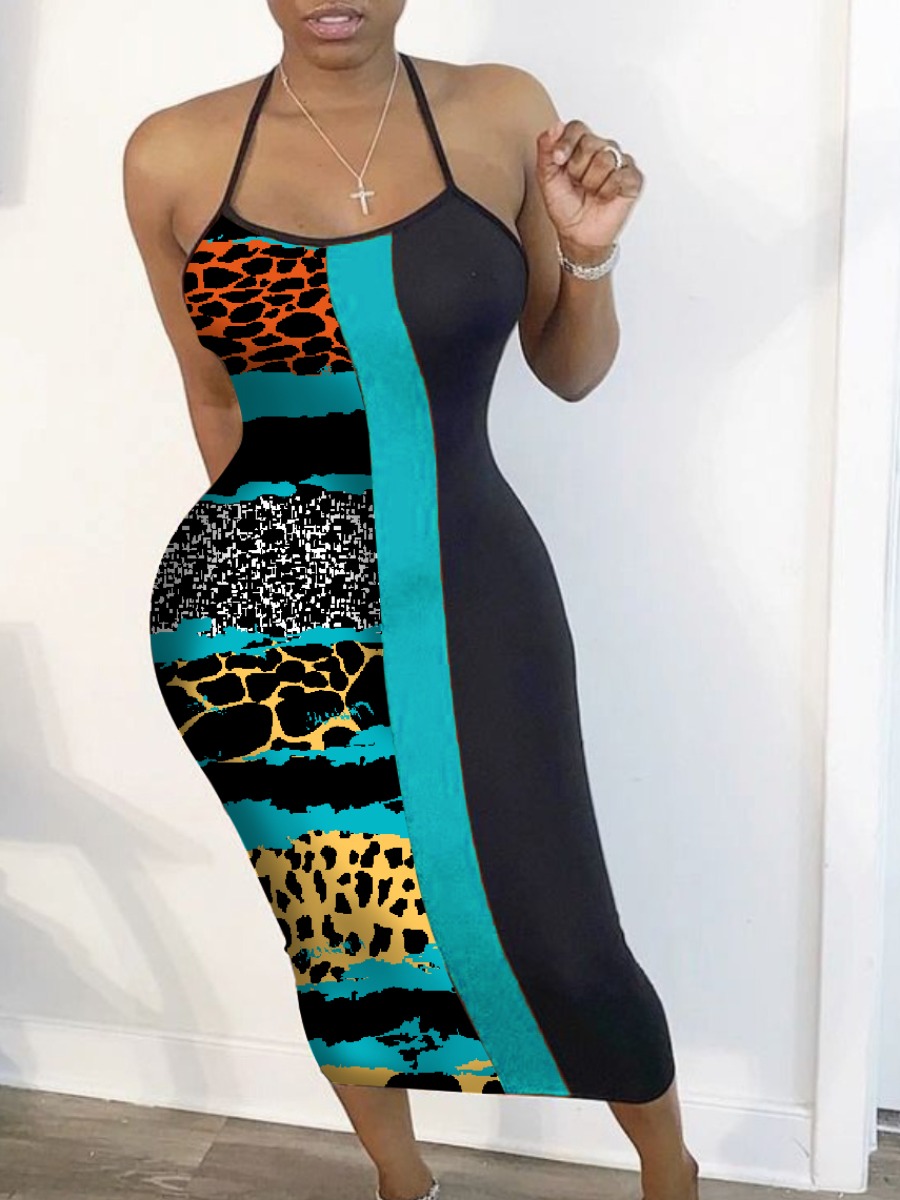 

Lovely Street Spaghetti Strap Leopard Print Patchwork Mid Calf Dress