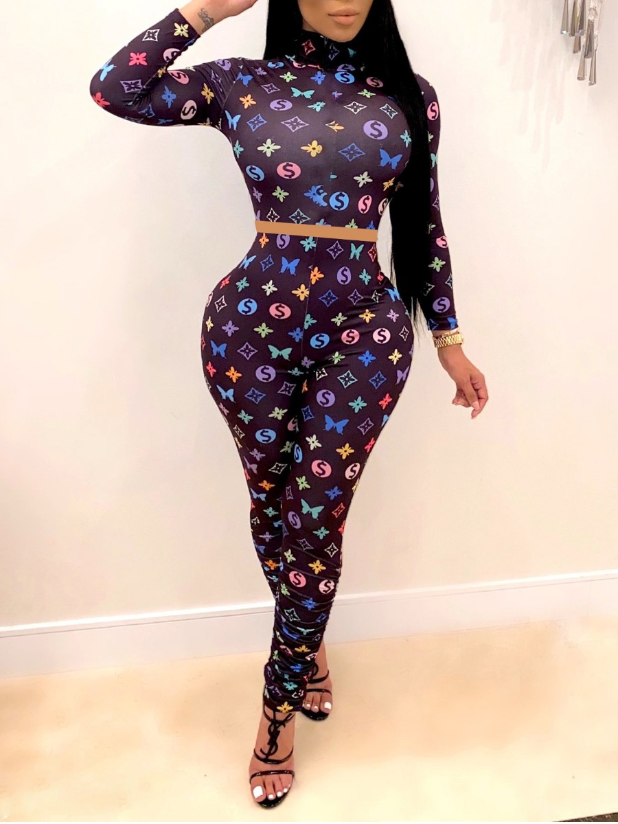 

lovely Sexy Turtleneck Print Black Two Piece Pants Set