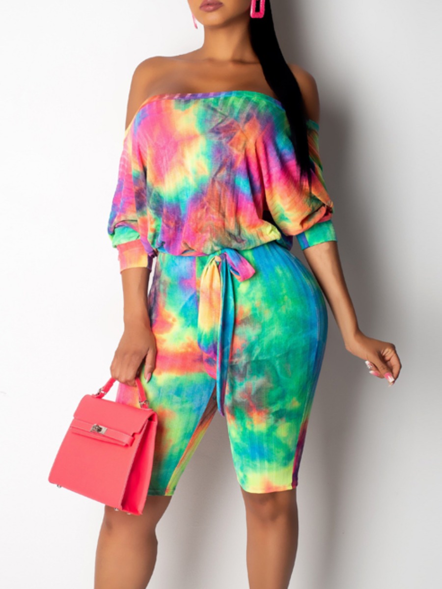 

lovely Trendy Dew Shoulder Tie Dye Fan Fare One-piece Romper