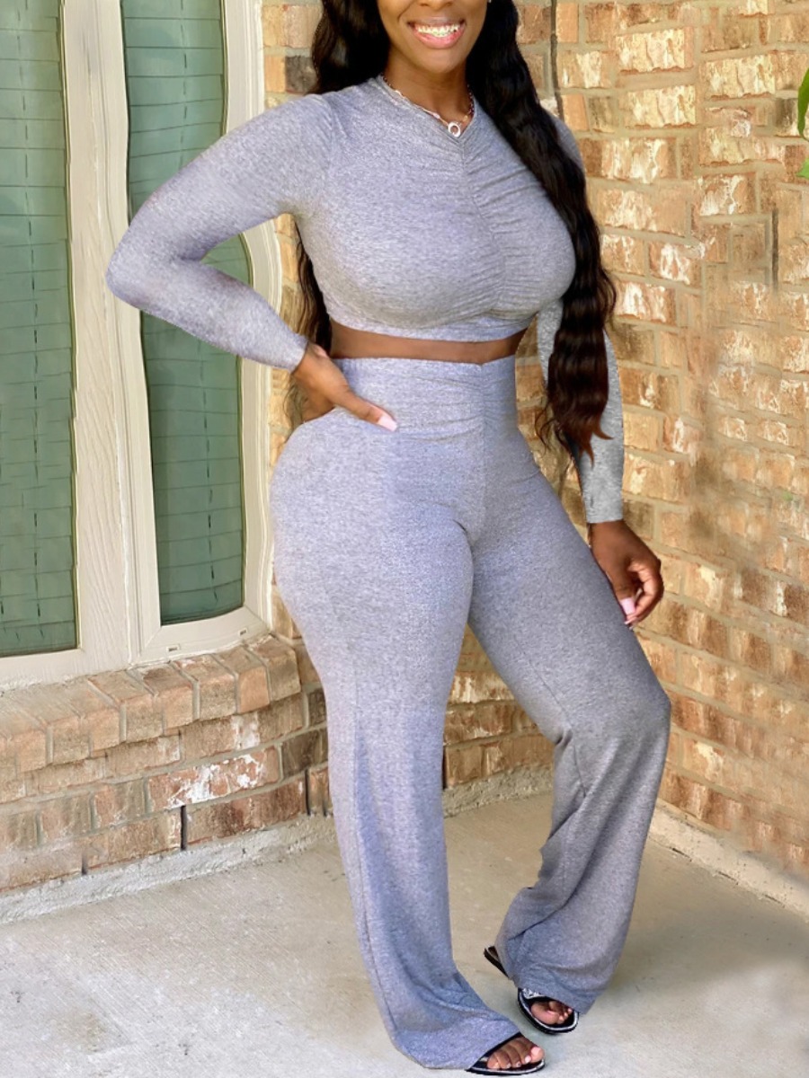 

lovely Casual V Neck Fold Design Grey Two Piece Pants Set